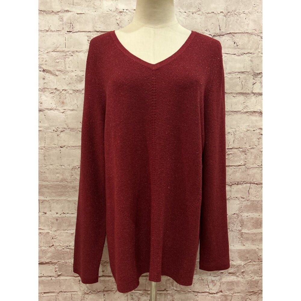 Chico’s 3 Womens XL Sweater V-Neck Pullover Sparkle Shimmer Claret Red Knit NEW